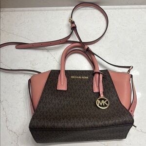 Michael Kors Pink and Brown Satchel with Signature Monogram